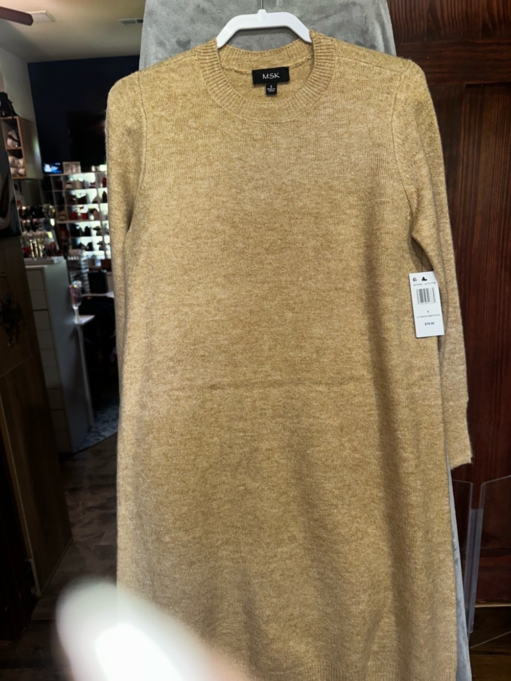 MSK Latte Heather Crewneck Sweater Dress in Warm Beige